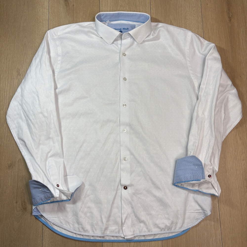 Visconti Black White Jacquard Button Down Shirt Blue Flip Cuff Long Sleeve XL